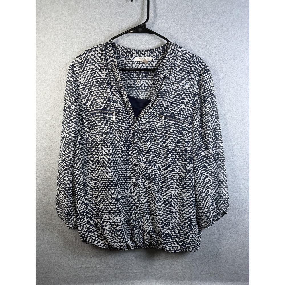 Roz & Ali Blouse Womens Large Blue White Geometric 3/4 Sleeve Zip Pocket Chiffon